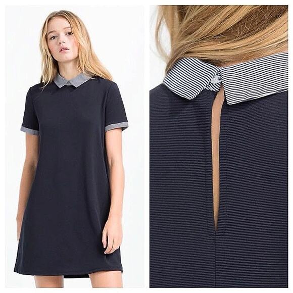 Zara Women's Navy Blue Knit Stripe Collar Short Sleeve Mini Polo Shift Dress L - Picture 1 of 8
